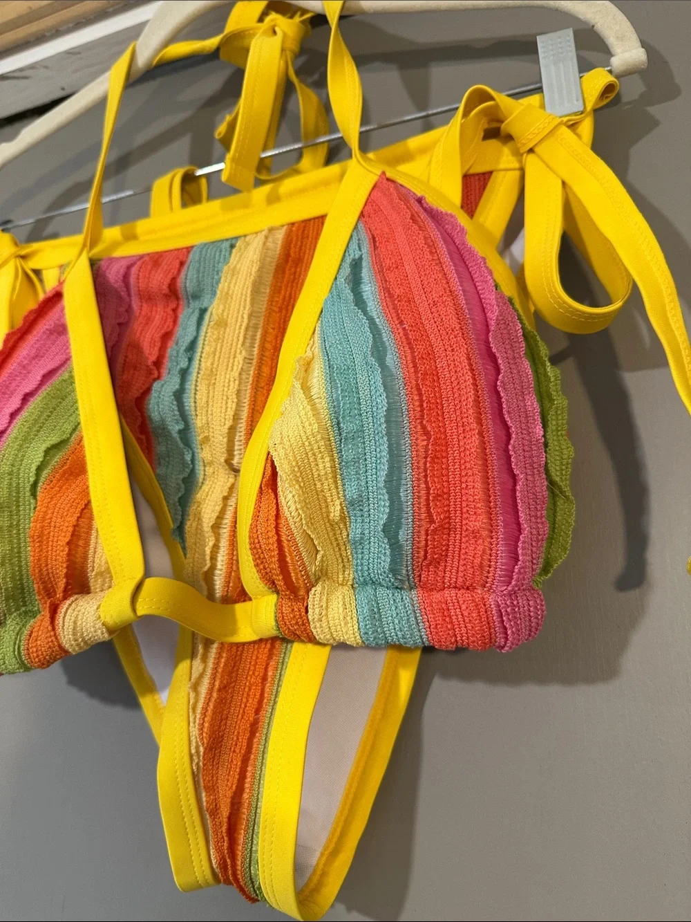 Rainbow Textured Two Piece Bikini Set Size 2XL Yellow Tie Side Swimwear Summer - Picture 3 of 9